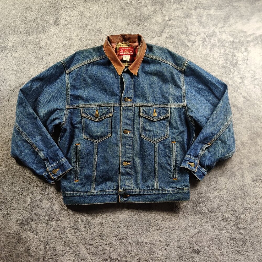 Marlboro Jean Jacket Mens Medium Denim Blue Leather Collared Full Button Pockets
